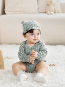 SHEIN 3pcs/Set Newborn Infant Unisex Casual All-Match Long Sleeve Bodysuit, Pants And Hat Outfit, Suitable For Everyday Wear In Autumn/Winter - Green - View 3