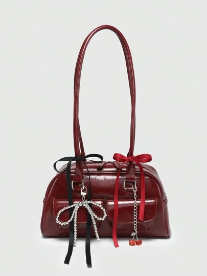 ROMWE Kawaii Bolso de hombro/cruzado vintage de mujer con decoración de moño a cuadros y múltiples bolsillos, bolso burdeos de moda, bolso japonés de para el Día de San Valentín