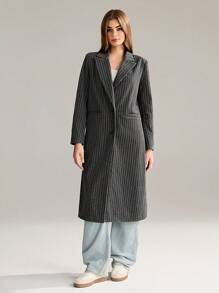 SHEIN Unity 1pc Women Black Striped Lapel Long Coat For Casual Wear & Office, Simple Design, Autumn/Winter Fall Cloth For Women - Black - View 4