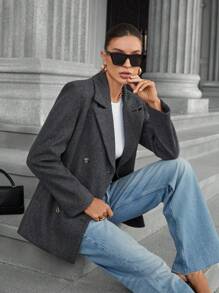 Aveloria Modichic 法式复古风休闲简约时尚通勤双排扣夹克，适合老师 - 深灰色 - 查看 4