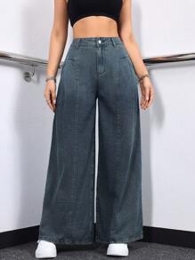 Women's Faux Pocket Design Distressed Wide Leg Denim Pants - Blue - View 5