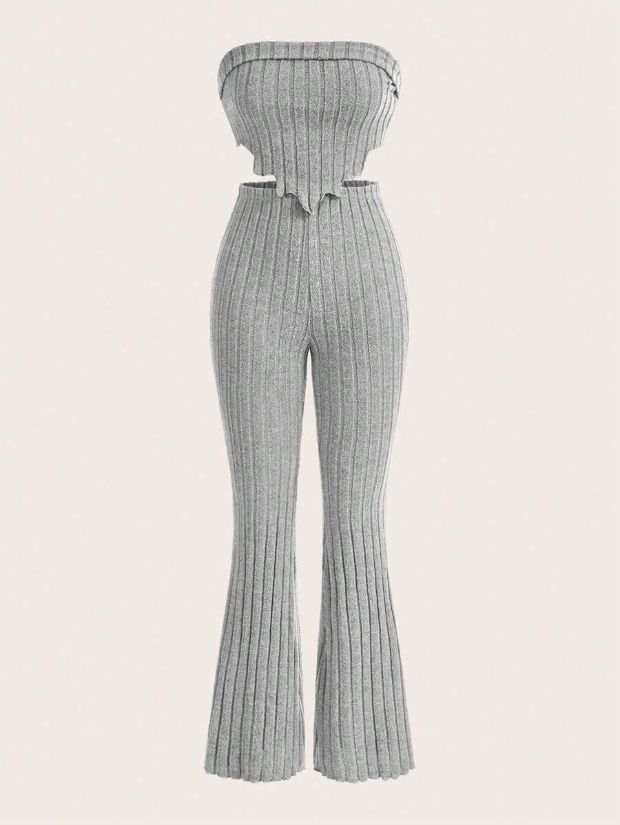 SHEIN Girlism 2 件装 Tween 女童合身休闲不对称下摆 T 恤和喇叭裤套装