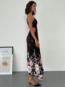 SHEIN Privé Women's Elegant Floral Print Cinched Waist High-Low Dress For Summer - Black - View 6