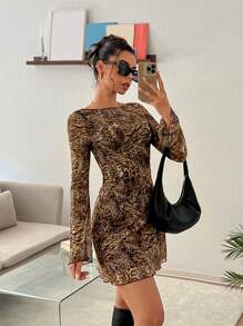 SHEIN EZwear 夏季性感豹纹露背喇叭袖网眼迷你连衣裙 - 棕色 - 查看 5