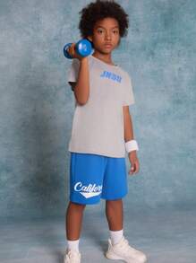SHEIN Tween Boys' Knitted Letter Printed Short Sleeve T-Shirt With Pocket And Shorts Casual 2pcs/Set
