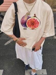 INAWLY 女士休闲夏季字母印花宽松圆领落肩 T 恤，夏季图案 T 恤图案 T 恤女式上衣 - 杏色 - 查看 1