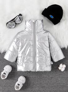 Abrigo acolchado con cuello vuelto de moda para bebé niña, otoño/invierno - Plateado - Ver 1