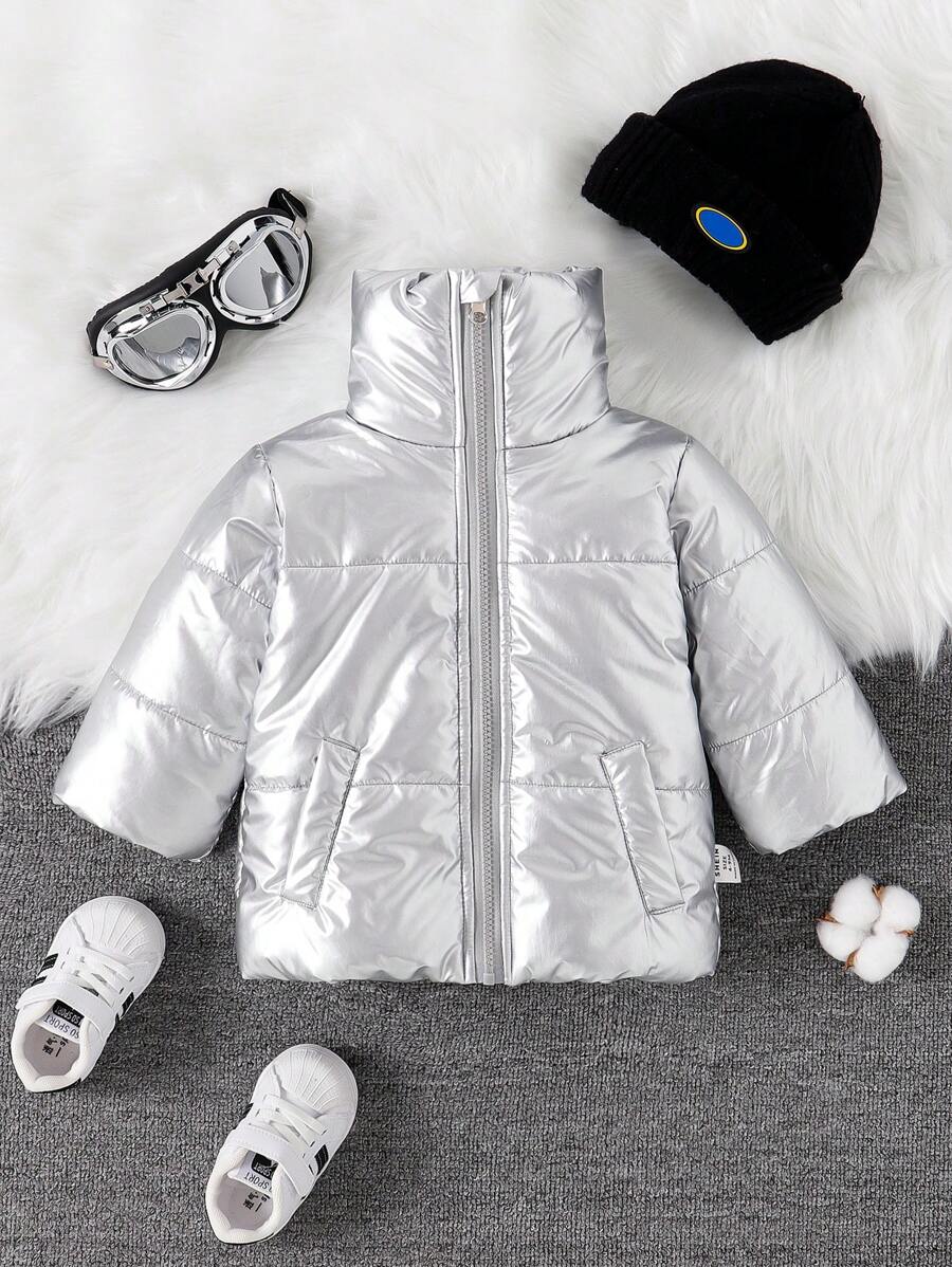 Abrigo acolchado con cuello vuelto de moda para bebé niña, otoño/invierno - Plateado - Ver 1