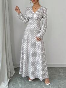 Elenzga Digital Print Waist Cinching Long Sleeve Dress Maxi Women Outfit - White - View 1