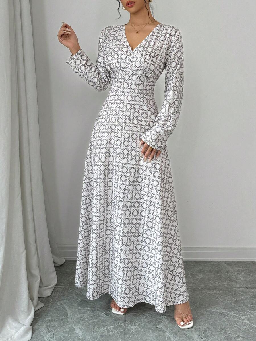 Elenzga Digital Print Waist Cinching Long Sleeve Dress Maxi Women Outfit - White - View 1