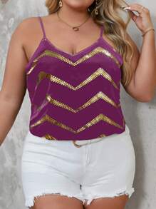 SHEIN Clasi Camiseta de talla grande con espalda anudada y estampado de lámina de oro - Rojo violeta - Ver 3