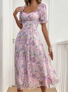 Breezaya 心形领镂空扎染花卉印花泡泡袖连衣裙 - 紫色 - 查看 4