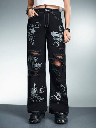 Harry Potter | ROMWE Letter Graphic Contrast Stitch Distressed Wide Leg Denim Jeans