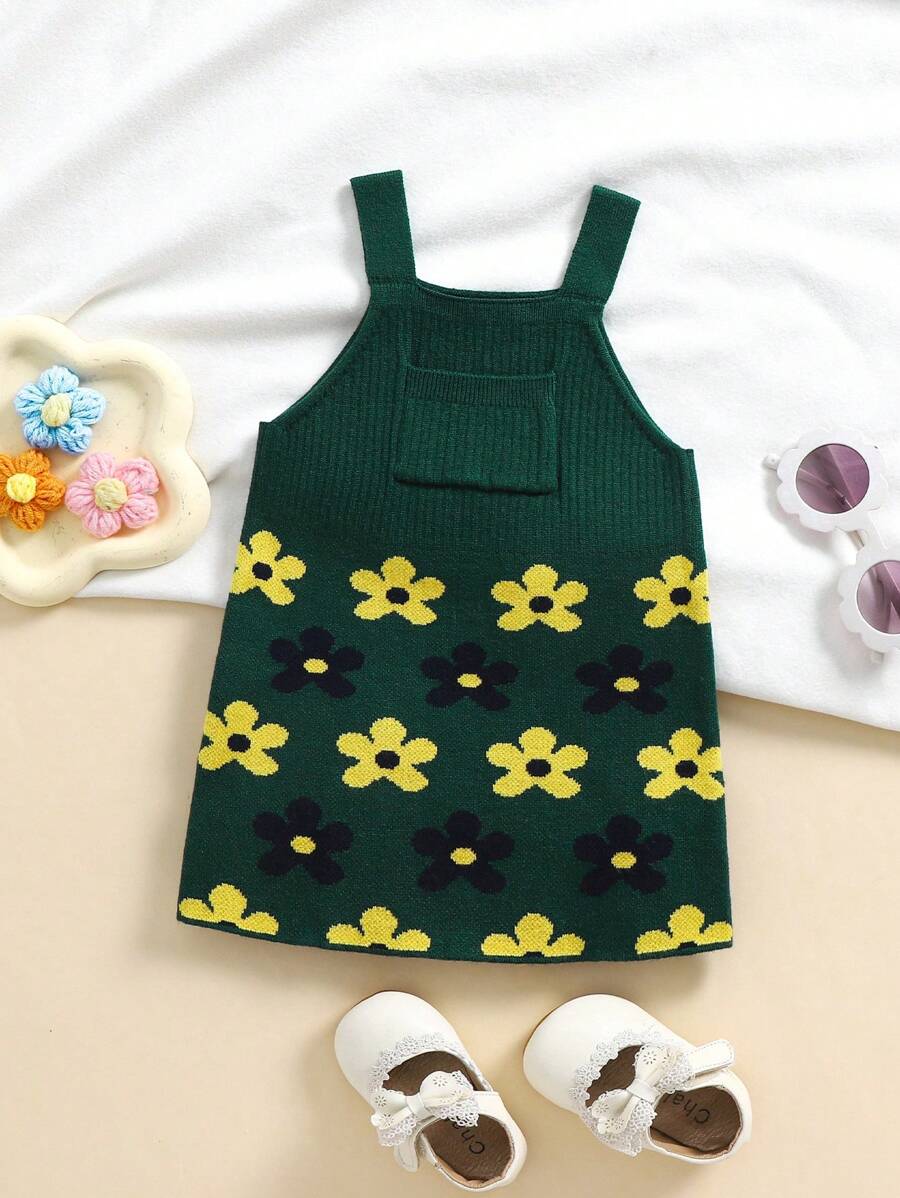 女童时尚花卉口袋针织吊带背心连衣裙 - 彩色 - 查看 1