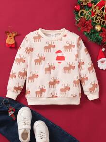 Young Boy Cute Deer Print Loose Fit Round Neck Long Sleeve Sweatshirt, Soft And Comfortable Fabric, Easy Pullover Design, Suitable For 4-7 Years Old Daily Wear, School, Party, Christmas