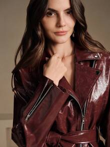 Anewsta Women's Modern Red Fashionable Waist Belt Leather Jacket For New Year Clothes - Red - View 4