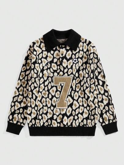 ROMWE Avant Jersey de manga larga con estampado de leopardo y patrón de números, informal para hombre, otoño/invierno