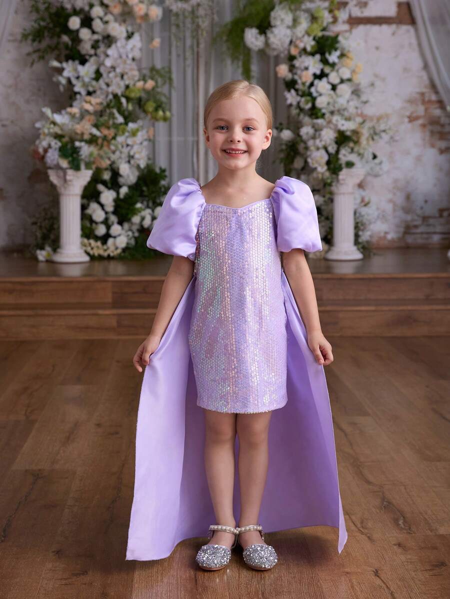 SHEIN Glamorique Kids Christmas Princess Young Girls Elegant Evening Gown Party Dress, Formal High-End Luxury Dress, Tail Design Exquisite Recital Piano Performance Outfit