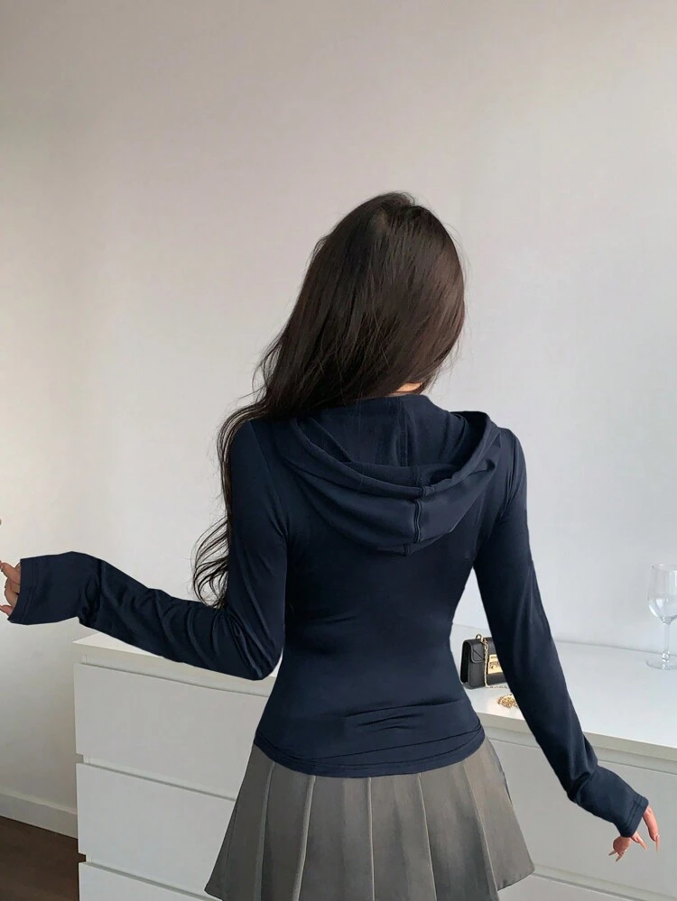 Waist Draw-String Hooded Kangaroo Pocket Short Fitted Long Sleeve Women Sweatshirt,Long Sleeve Tops Hoodies