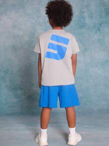 SHEIN Tween Boys' Knitted Letter Printed Short Sleeve T-Shirt With Pocket And Shorts Casual 2pcs/Set