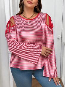 SHEIN Essnce 大码女式宽松休闲时尚红白条纹露肩系带设计长袖 T 恤，秋季 T 恤 - 紅白色 - 查看 1