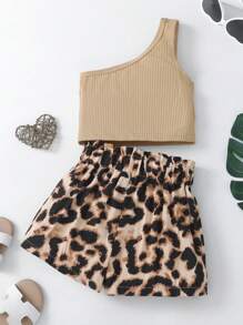 Young Girl One Shoulder Top & Leopard Print Belted Shorts