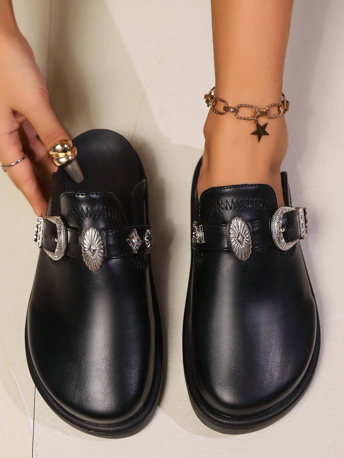 Our Goth Black Thicksoled Open-Back Mule Shoes For Women, Retro