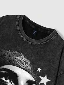 ROMWE MEN Street Life Heren T-shirt met korte mouwen en portretprint, geschikt voor lente en zomer