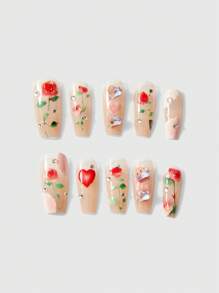 ROMWE Kawaii 10 件套复古别致裸色玫瑰水贴花手工制作可重复使用假指甲带果冻凝胶 - 彩色 - 查看 1