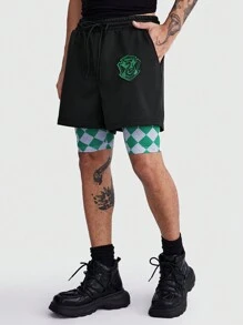 ROMWE MEN Harry Potter | ROMWE Quần short nam 2 trong 1 có dây rút ở eo có huy hiệu hình con rắn và họa tiết Argyle, trường học - Nhiều màu - Xem 1