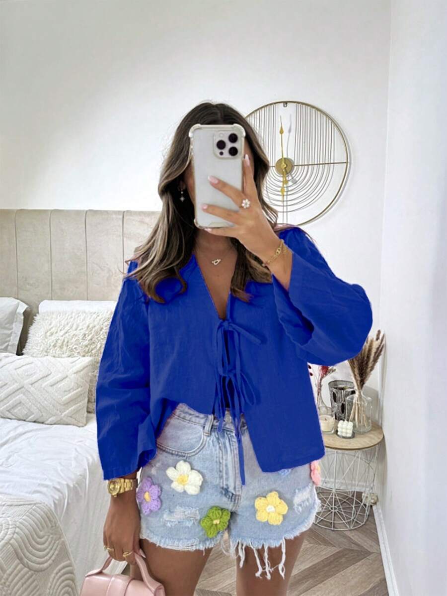 INAWLY Áo sơ mi nữ tay dài buộc dây đơn giản hàng ngày màu trơn - Xanh đậm - Xem 1