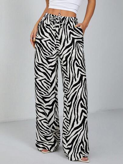 SHEIN PETITE Women's Fashionable Animal Print Zebra Print Wide Leg Pants