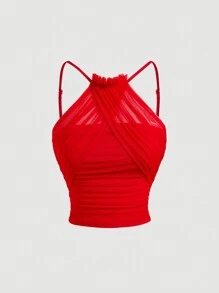 SHEIN MOD Apricot Elastic Mesh Ruched Summer Women Tank Top,Valentine Outfits,Valentine Outfits - Red - View 1