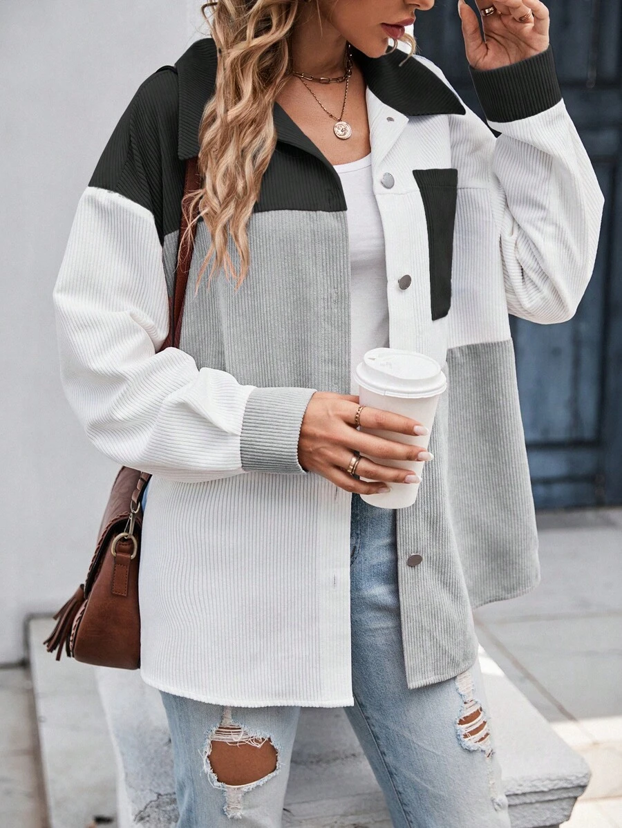 SHEIN LUNE Women's Loose Color Block Drop Shoulder Long Sleeve Casual Jacket, Spring Autumn - Black and White - View 1