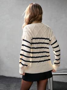 Femmeiva Elegant Retro Colorblock Black And White Striped Design Loose Crew Neck Long Sleeve Sweater For Women, Autumn, Knit Pullover Fall Winter - Black and White - View 2