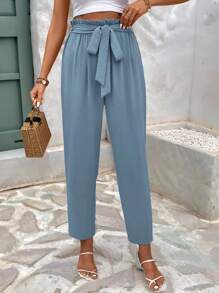 SHEIN Frenchy Pantalones largos casuales para mujeres con cintura ajustable de cordón y color sólido para uso diario