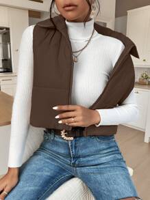 SHEIN Frenchy Áo khoác mùa đông không tay khóa kéo phía trước màu trơn cho nữ - màu nâu - Xem 4