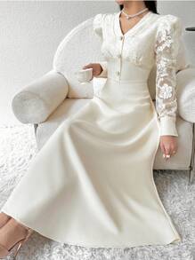 Modelyn 女士纯色简约日常穿着蕾丝装饰阿拉伯朴素连衣裙派对优雅晚装长袖长裙、婚礼/场合礼服白色优雅连衣裙长款晚礼服 - 杏色 - 查看 1