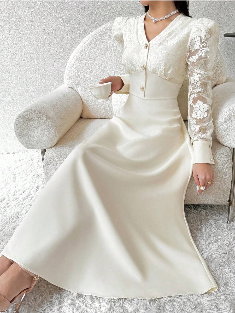 Modelyn 女士纯色简约日常穿着蕾丝装饰阿拉伯朴素连衣裙派对优雅晚装长袖长裙、婚礼/场合礼服白色优雅连衣裙长款晚礼服 - 杏色 - 查看 1