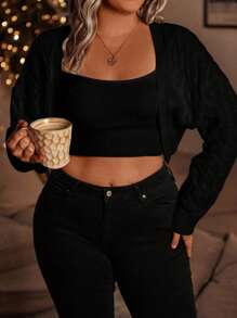 SHEIN LUNE Plus Size Solid Color Casual Long Sleeve Knit Cardigan, For Winter Fall Cloth For Women - Black - View 4