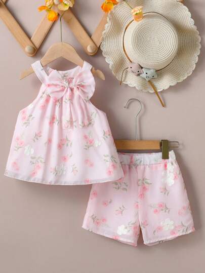 SHEIN 2 件套少女蝴蝶结吊带背心和全花卉印花短裤套装