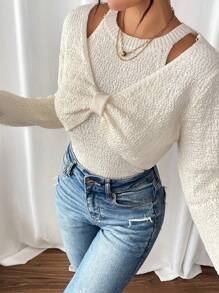 SHEIN LUNE 2pcs Women's French Stylish Cold-Shoulder Bow Sweater & Slim Fit Neck Warmer Set, Autumn Winter