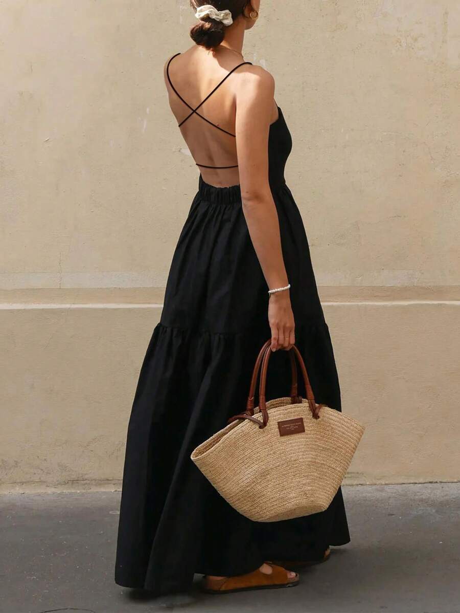 Cévolie Women's Solid Color Simple Casual Backless Spaghetti Strap Black Dress - Black - View 1