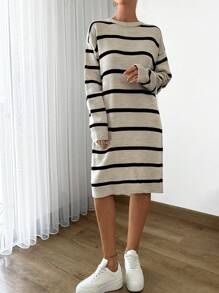 EURMUSE Women Striped Knit Design Knit Dress With Pocket And Button Details - Camel - View 5