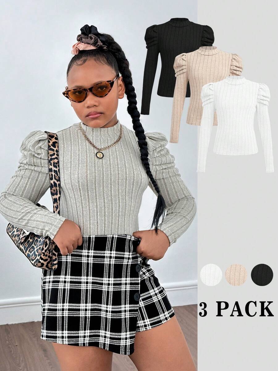 SHEIN Tween Girls Extended Size Raglan Sleeve Mock Neck Ribbed Knit Top Multi-Pack Sets - Multicolor - View 1