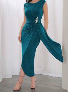 Modelyn Vestido elegante y ajustado de cuello redondo, sin mangas, con pliegues en la cintura, para vestidos de noche largos de mujer - Agua verde azul - Ver 7