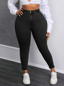 Plus Size Simple Front-Button Pocket Plain Denim Jeans, Casual Daily Wear