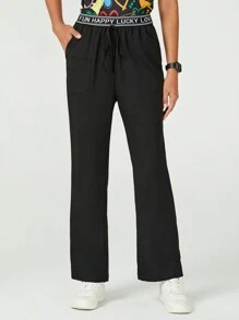 TaskEZ Women's Black 3 Pkt Logo Waist Pants With Drawstring Letter Pattern Waistband /Nurse Uniform Pants Scrub Pants - Black - View 7