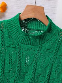 Tween Girl Geometric Pattern Knitted Pullover Sweater With Stand Collar, Autumn/Winter - Green - View 3