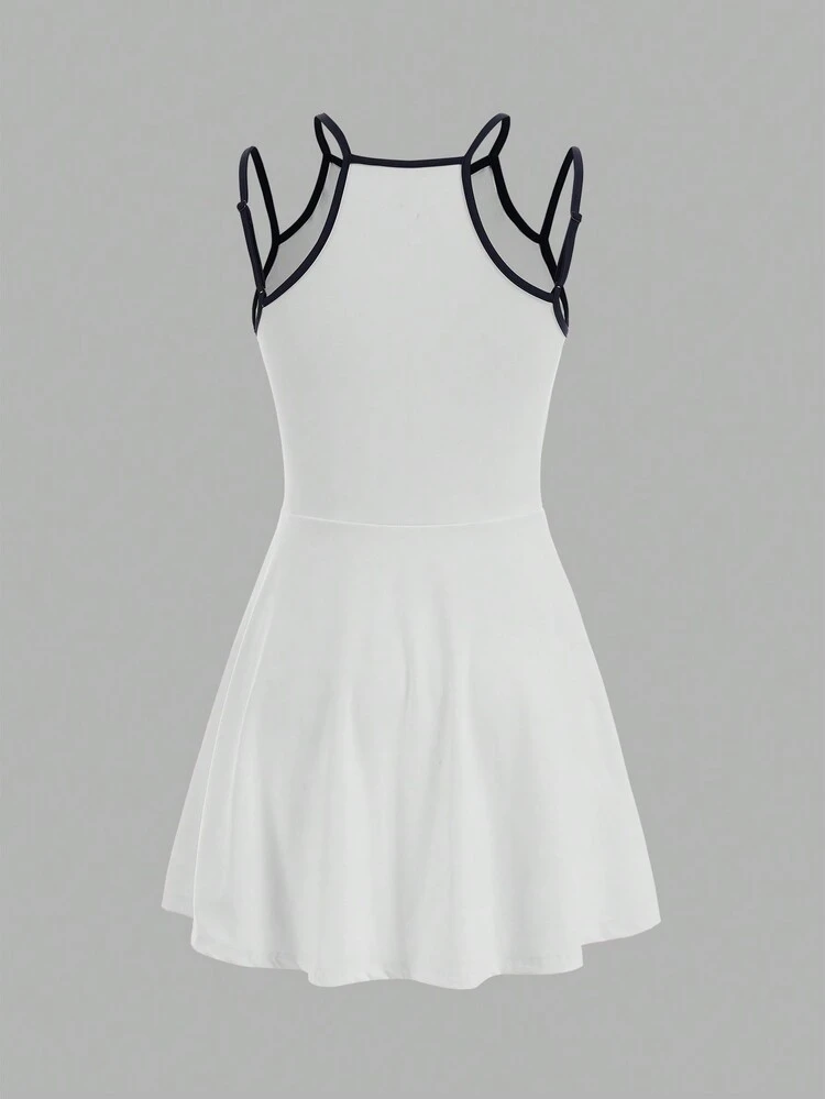 Women Fashion Color Blocking Edge Double Shoulder Strap Dress